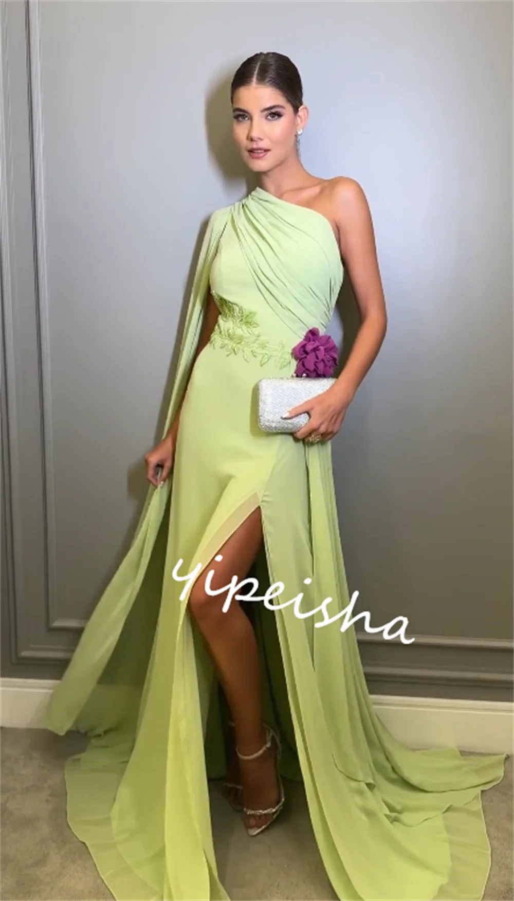 Jersey  Pleat Embroidery Celebrity Column One-shoulder Bespoke Occasion Gown Long Dresses