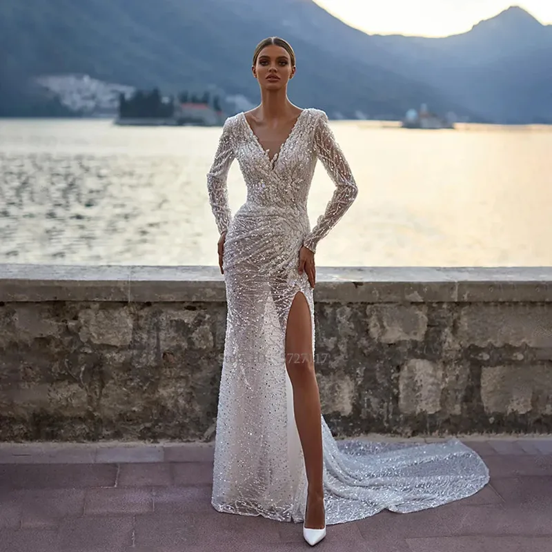 

Luxury Mermaid Wedding Dress V-Neck Shiny Sequined Appliques Pleat Long Sleeves Sexy Backless High Side Slit Simple Vestido 2024