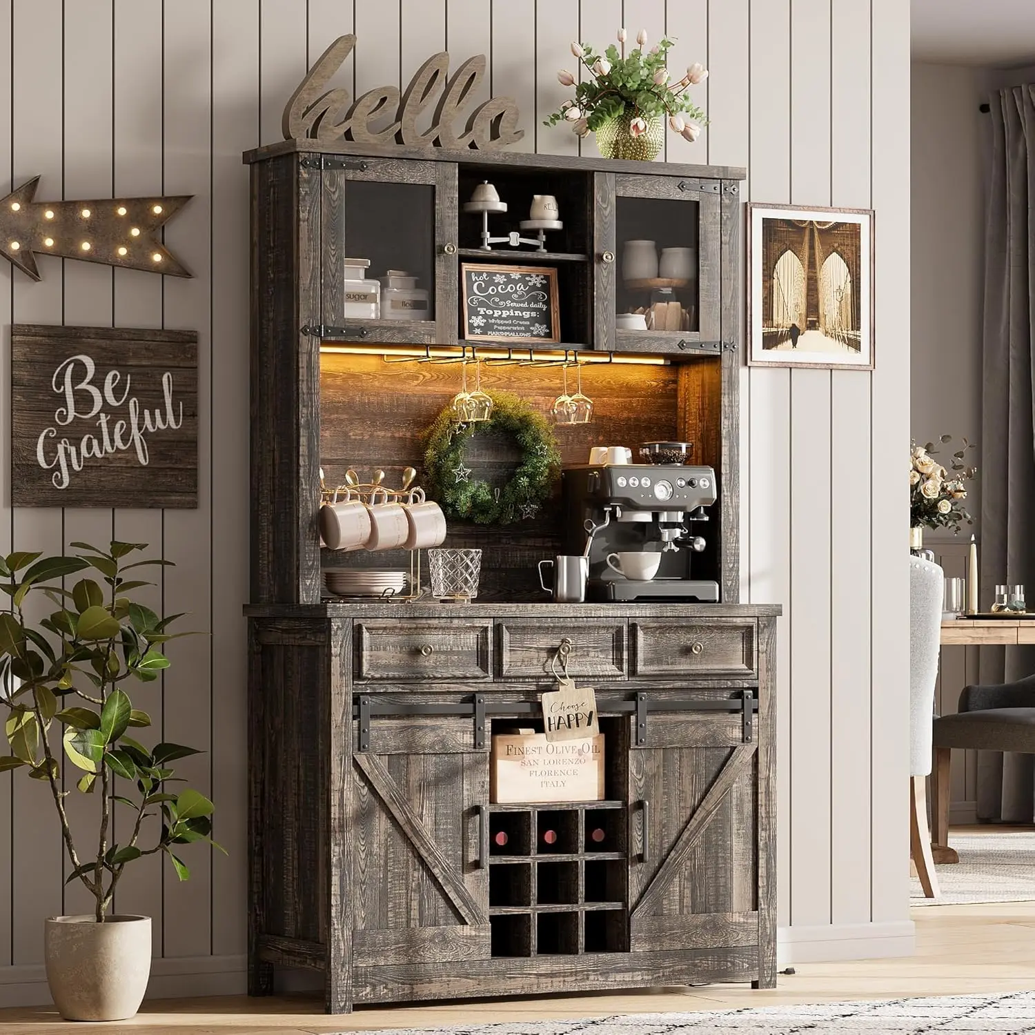 Tall Kitchen Buffet Hutch with 3 Drawers & Wine Glass Rack, Sliding Barn Door, Ample Storage for Home Bar, Dark Oak
