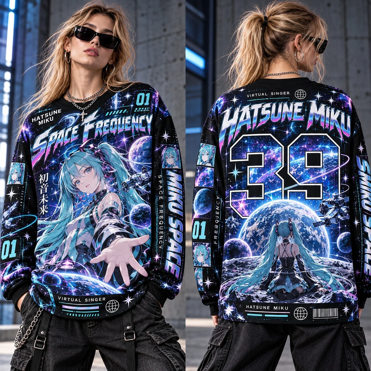 Hatsune Miku All Stars Graphic Sweatshirt Women Adult Anime Long Sleeve Pullover Oversized Streetwear Casual Top