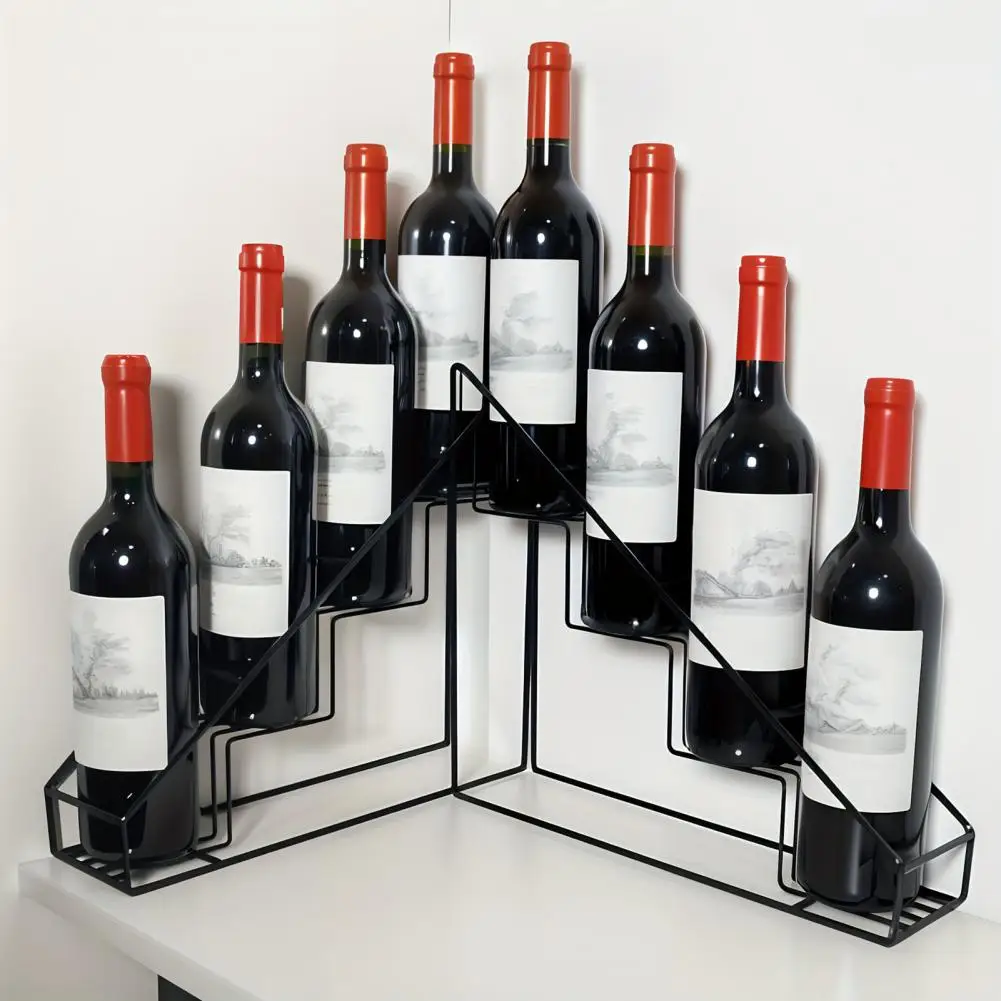 Countertop Wine Organizer Tiered Metal Wine Rack 4-bottle Holder Trapezoidal Step Design Vintage Wood Coffee Syrup Bottle Stand