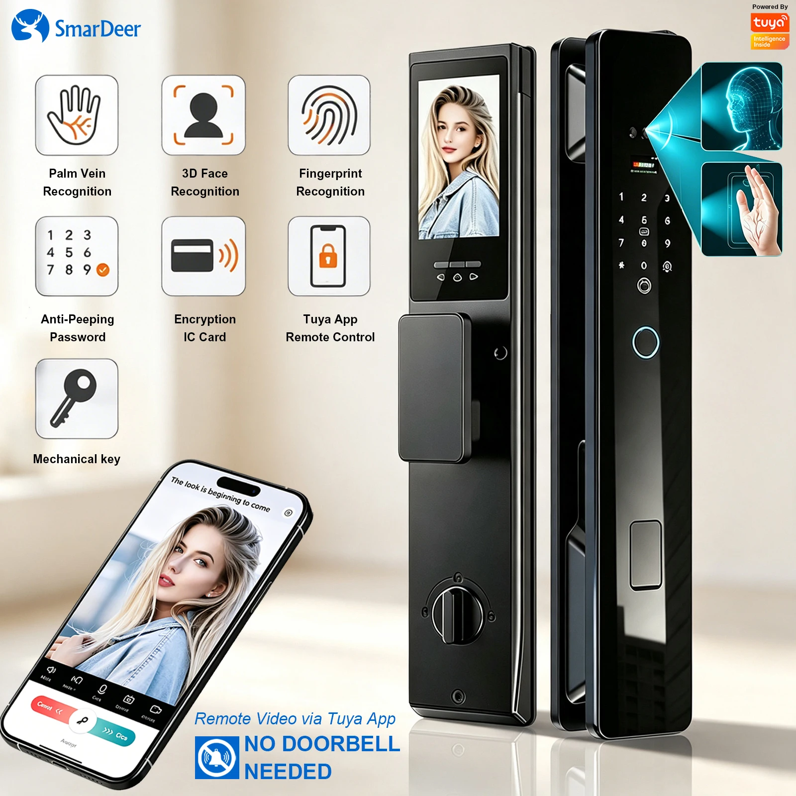  SmarDeer Face & Palm Vein Recognition Fingerprint Digital Lock,WiFi Smart Door Lock,Tuya App Remote Real-time Video Call