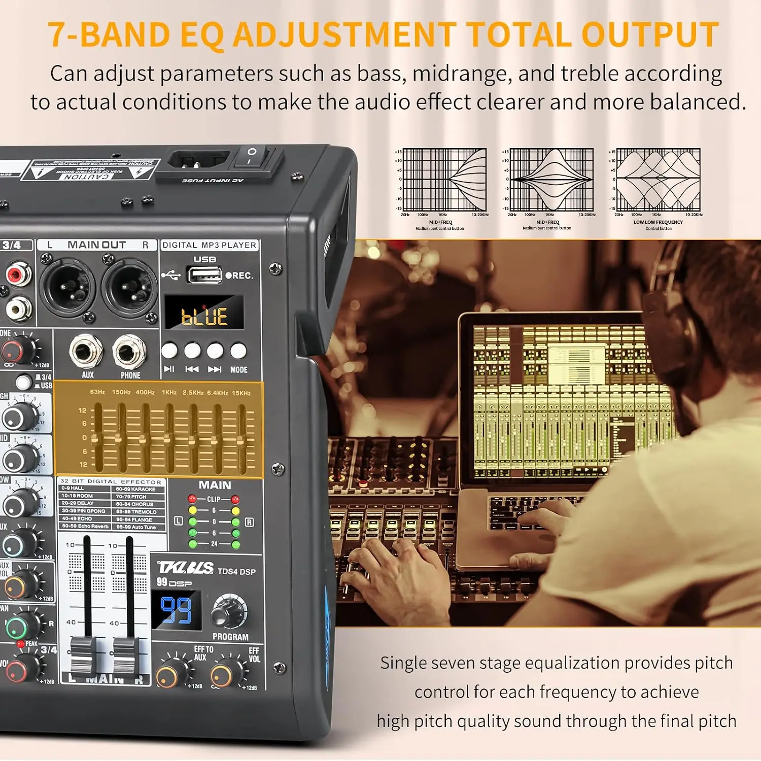 4-Channel Mixing Console for Home Audio, USB Sound Mixer Board with 99 DSP Effects, 48V Phantom Power and XLR Inputs, Perfect for Karaoke and Recording