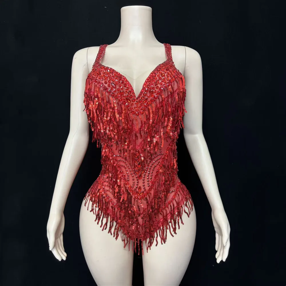 Rode pailletten kwastje bodysuit nachtclub vrouwen zanger podiumconcert strass turnpakje prestaties dans kostuum festival kleding