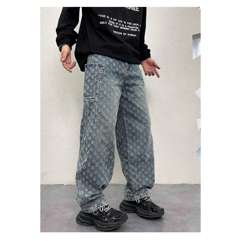 

2024 New High-End and Fashionable Embroidered Jeans Men's Retro Washed Wide Leg Straight Loose Hip Hop Trendy Denim Pants