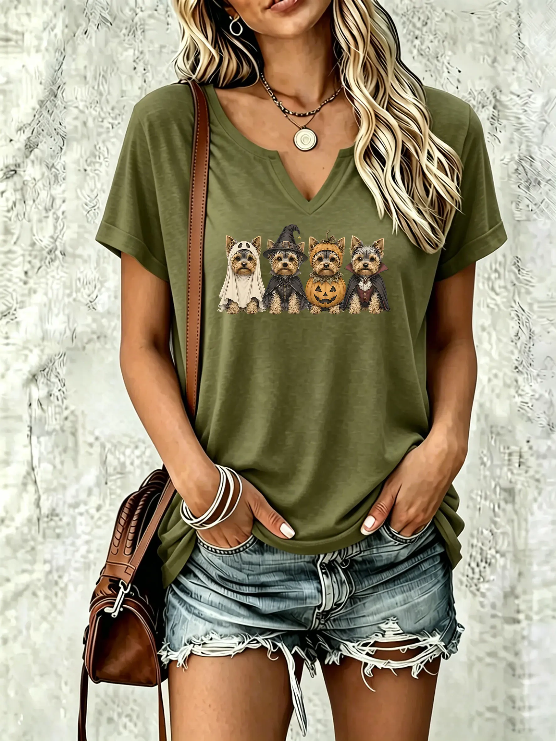Women's V‑Neck Short Sleeve T‑Shirt, Cute Yorkshire Terrier Dogs in Halloween Costumes with Ghost Witch Pumpkin Casual Tee