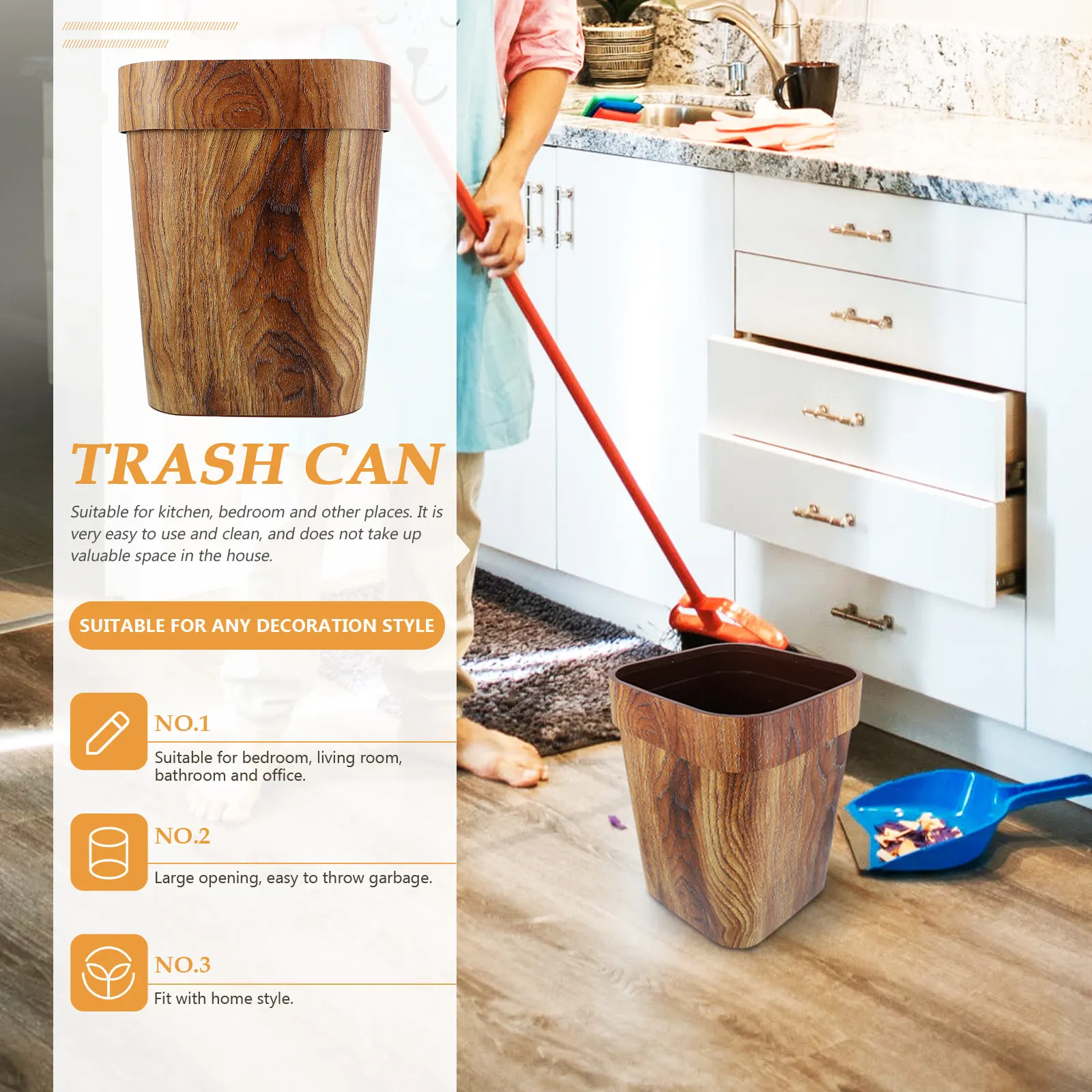 

13 Gallon Wood Grain Trash Can Plastic Waste Bucket for Home Office Bathroom Bedroom Living Room Large Capacity Garbage Storage