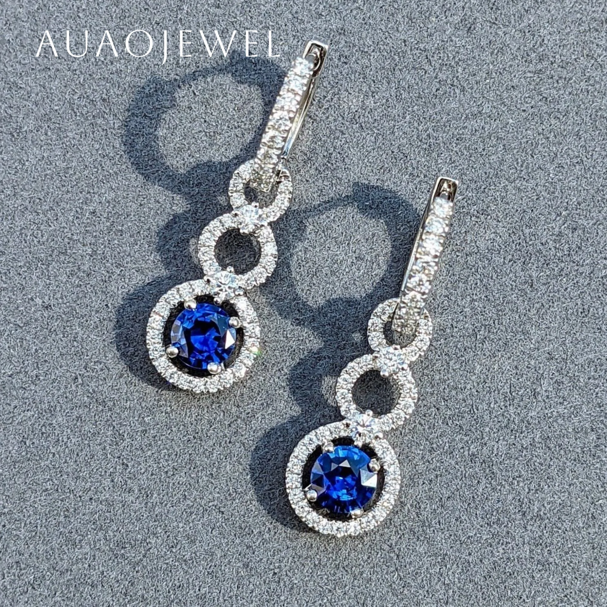 AUAOJEWEL 1.5Carat Lab Sapphire Dangle Earrings 925 Silver Original Moissanite Earring 18K 9K 14K 10K Solid Gold Jewelry Gift