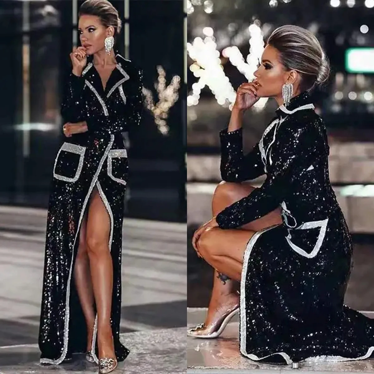 Luxury Sequined Women Long Blazer Dress Patchwork Slim Fit High Slit Overcoat Formal Wear Coat Customized Evening Party Outfits