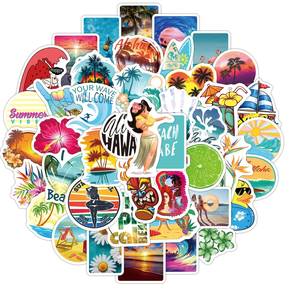 50Pcs Hawaii Summer Surfing Stickers Tropical Beach Surf Decals Travel Luggage Surfboard Water Bottle Sticker Toy