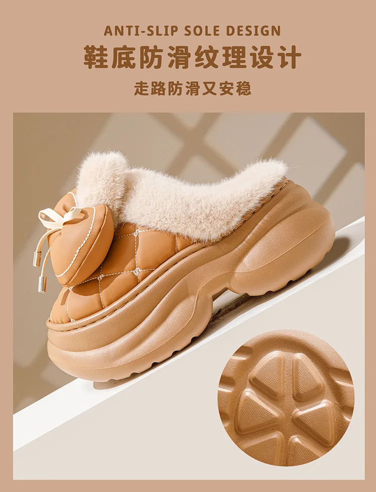 8 cm hohe Pantoffeln für Damen, klobige Plattform, Winter, pelzige Schleifenschuhe, Damen-Hausschuhe aus Kaninchenfell, wasserdichte Hasen-Mules, Clog-Schuhe – Detail 7