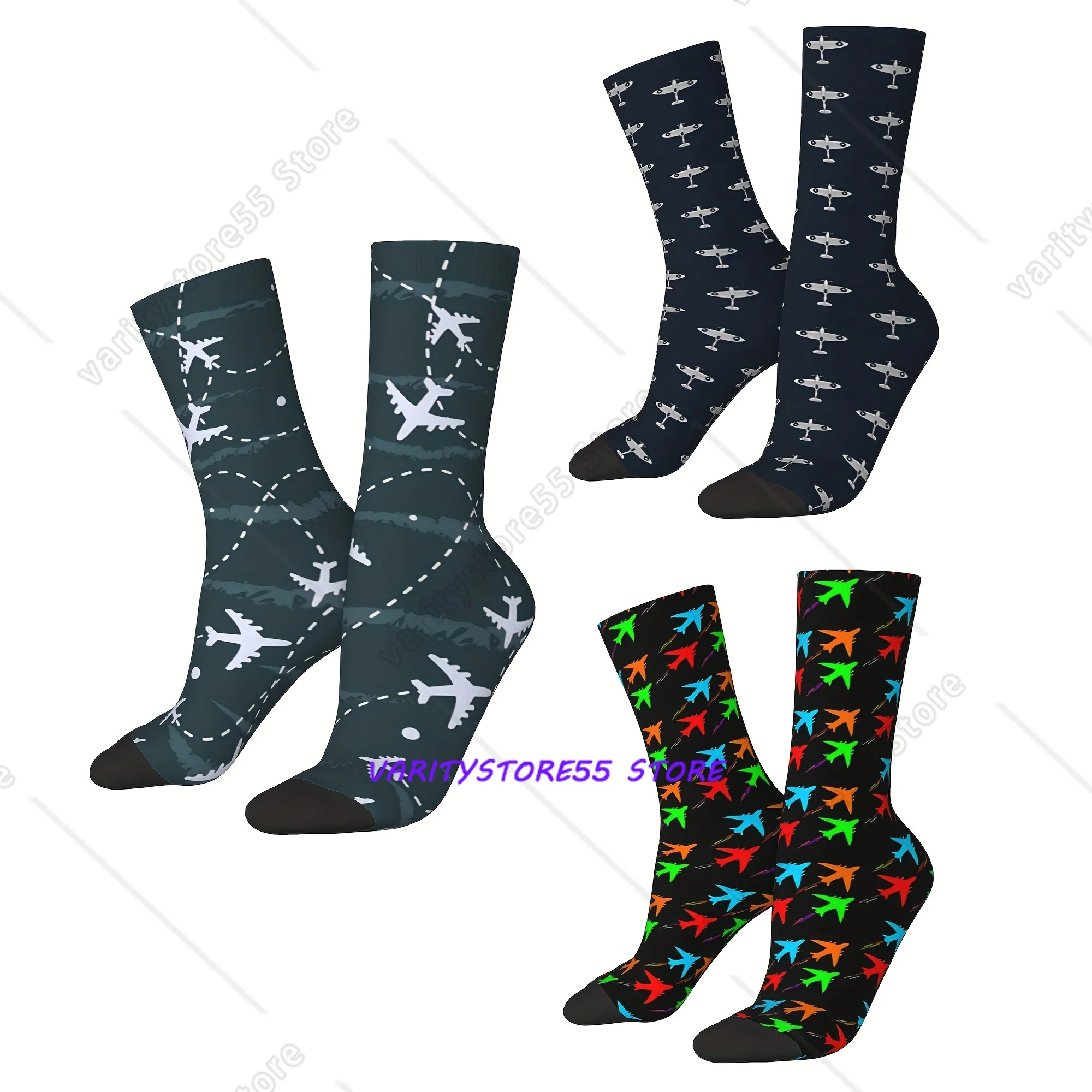 3D Digital Print Vintage Airplane Harajuku Hip-Hop Casual Pattern Crew Socks Gift