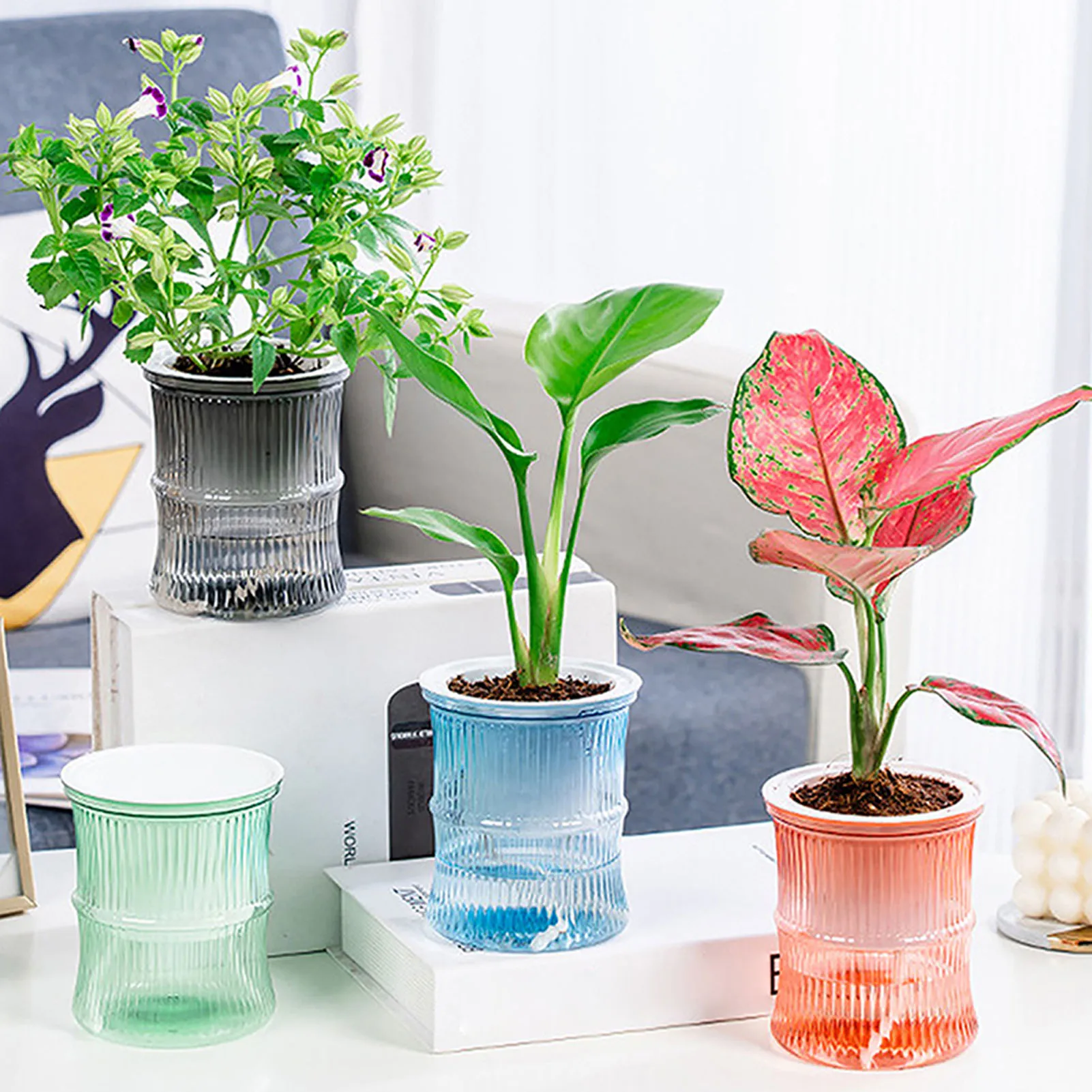 Lazy Hydroponic Flower Pot Automatic Water-Absorbing Flowerpot Transparent Double Layer Flower Pot Plastic Self Watering Planter