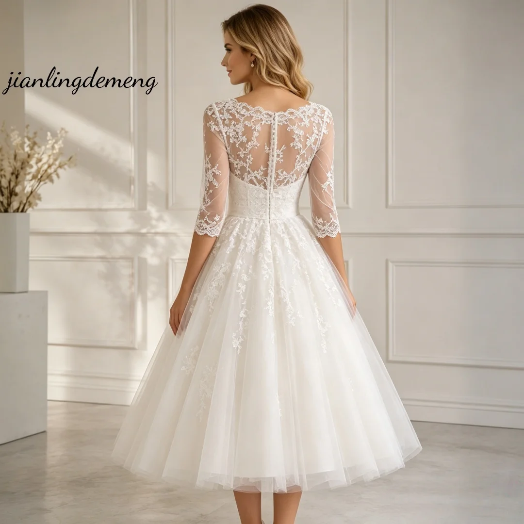 Elegant Illusion Bateau Wedding Dress  Lace Three Quarter A Line Bridal Gown Lace Appliques Tulle Tea Length Garden Customized