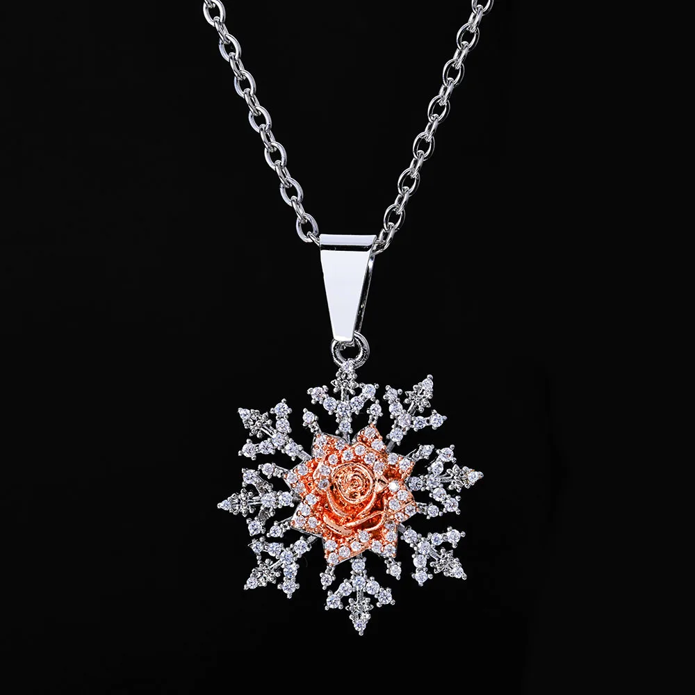 

Hip Hop Rose Snowflake Pendant Christmas Ornament Full Diamond Necklace Accessories Female Customized Christmas Gift