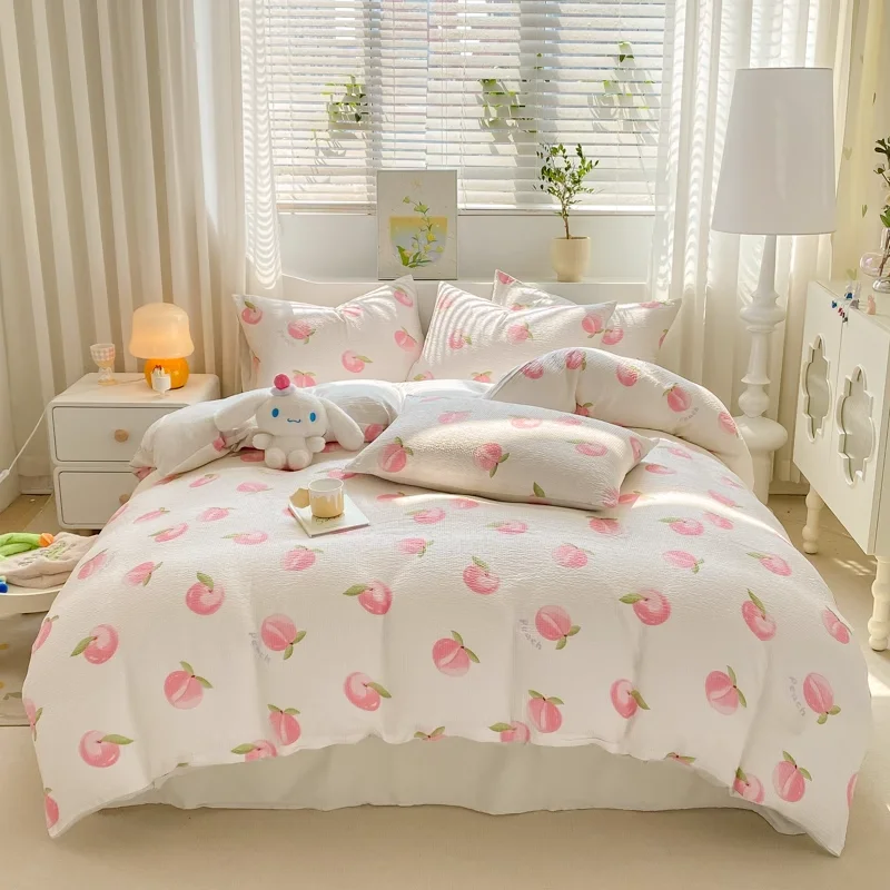 Girl's Heart Instagram Pink Peach Style Bubble Bubble Gauze Non Pure Cotton Bed Sheet and Duvet Set of Four Pieces