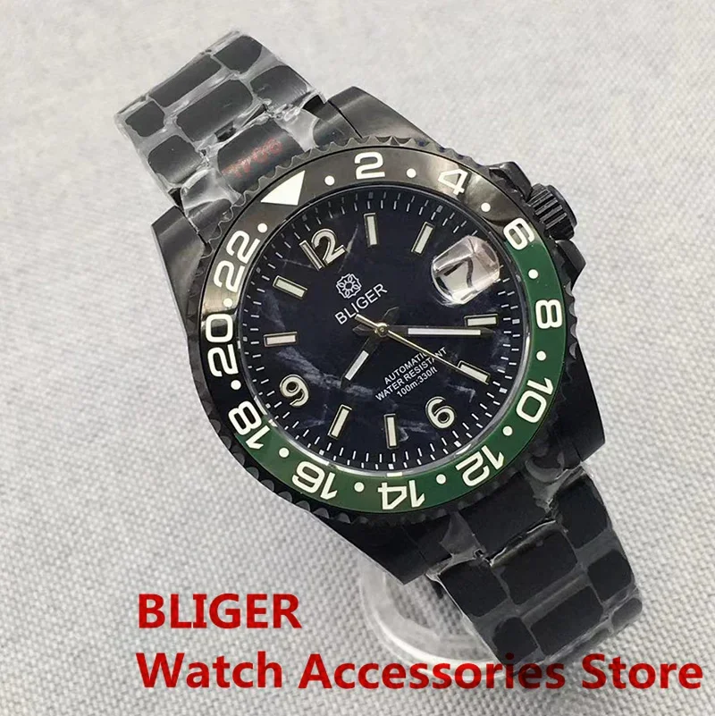 BLIGER New 40mm NH35 Automatic Mechanical Watch For Men Full Black Luminous Ceramic Bezel Sapphire Glass Reloj Hombre