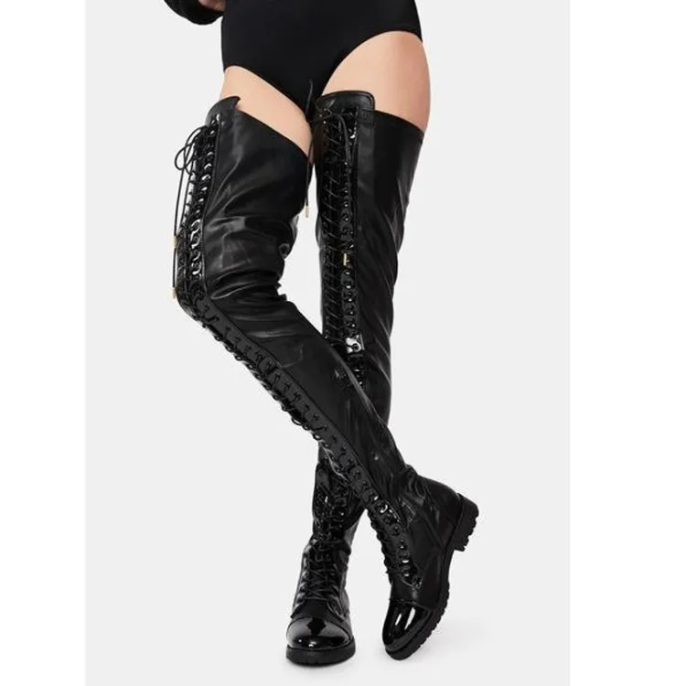 Sexy Cross-Tie Black Leather Over The Knee Boots Patent Leather Round Toe Low Square Heels Boots Woman Flat Knight High Botas