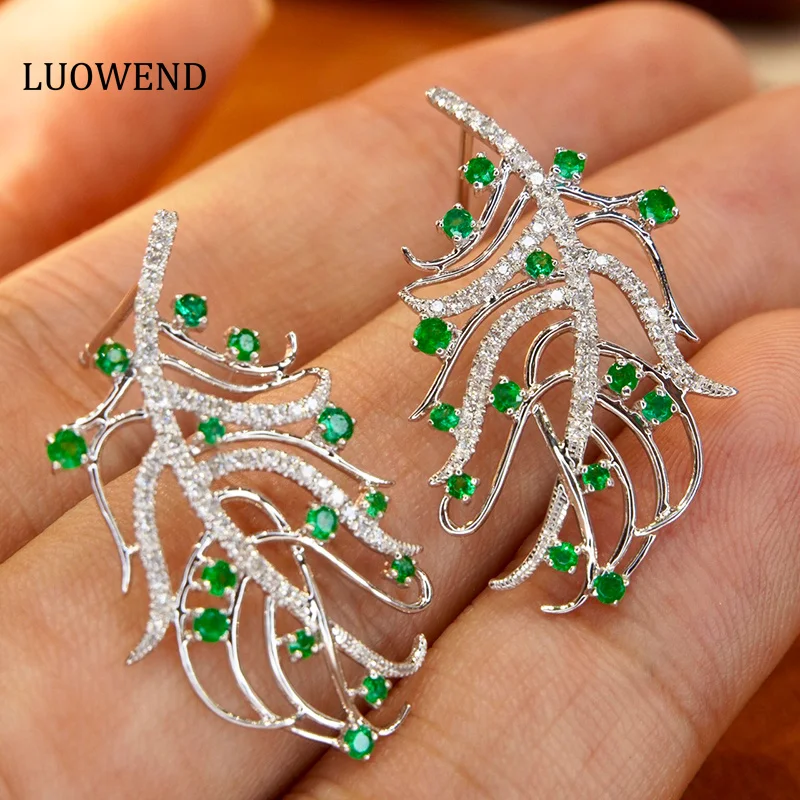 

LUOWEND 18K White Gold Earrings Fashion Real Natural Emerald Shiny Diamond Gemstone Drop Earrings for Women Senior Banquet