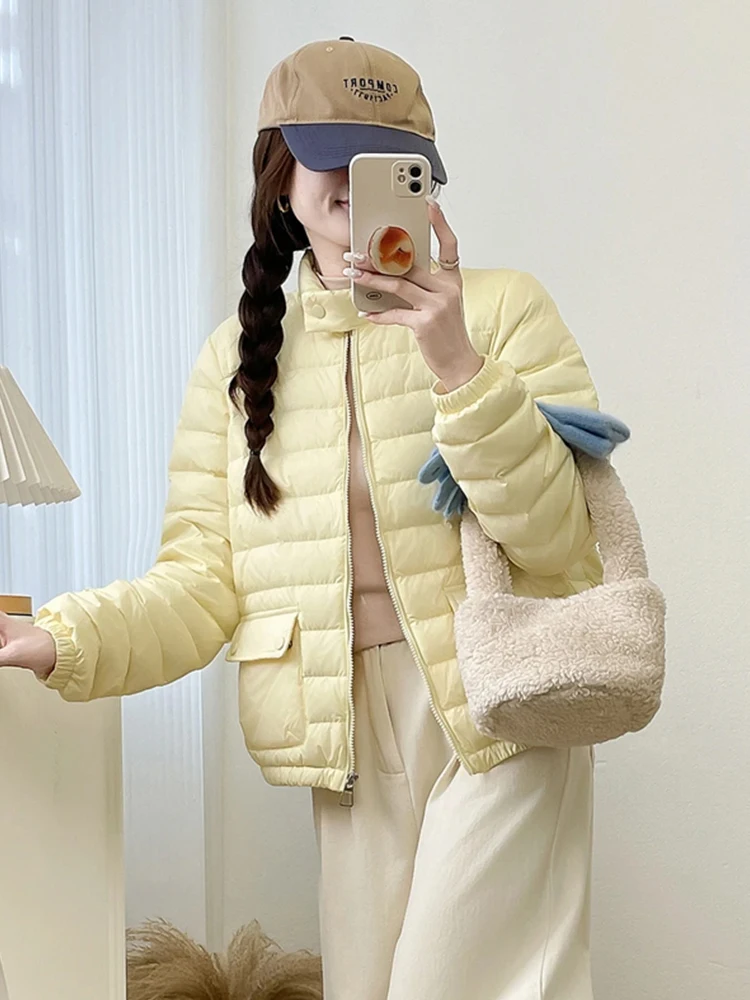 

Модная короткая хлопковая куртка для женщин, свободного кроя, с воротником-стойкой, двойными карманами, зимняя верхняя одежда в корейском стиле, повседневное пальто