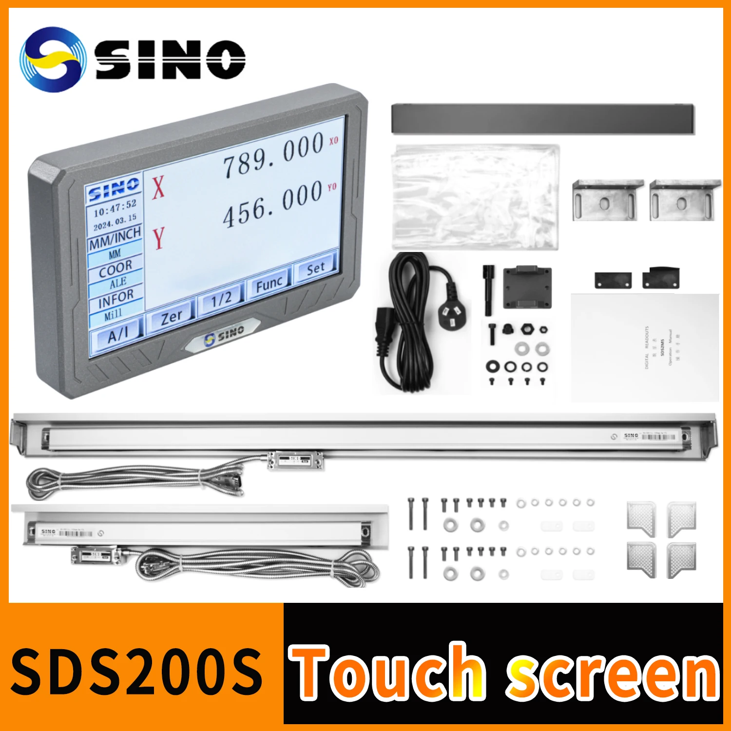 SINO SDS200S DRO Kit 3-Axis 2-Axis Touch Screen LCD Digital Readout 0.005mm With KA35 Glass Linear Scale Encoders For Lathe