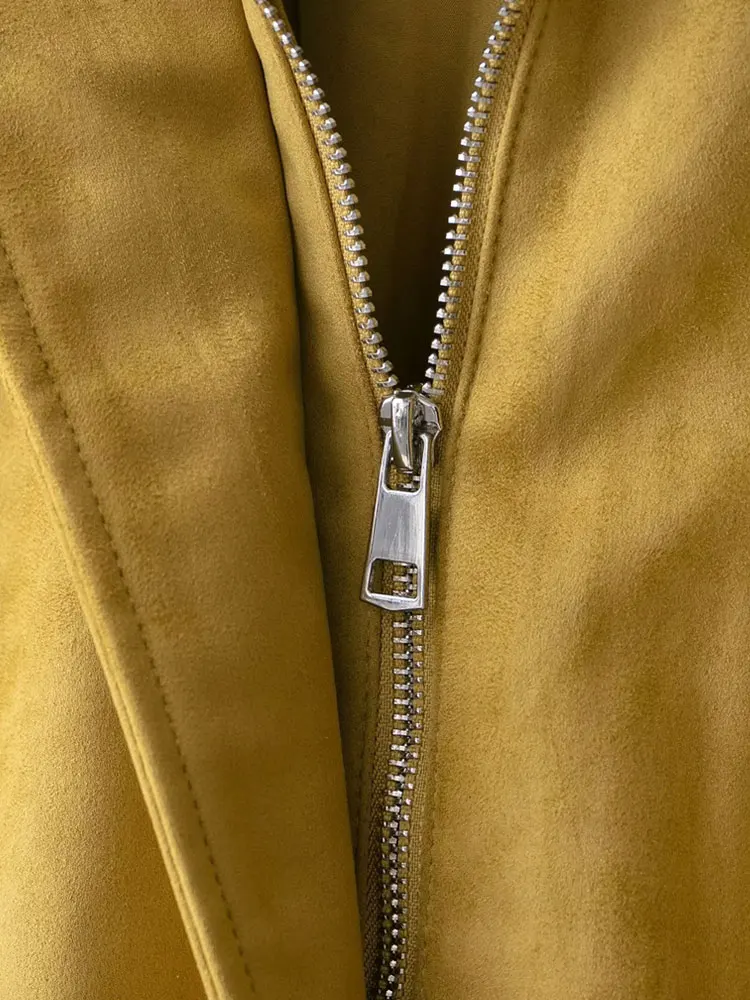 Moda feminina camurça falsa jaqueta bomber casaco manga longa zíper frontal feminino outerwear chiques topos