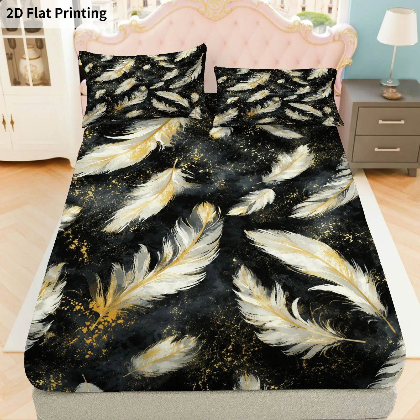Thanksgiving-Themed Feather Print Bedding, Soft and Breathable Mattress Protector, Three-Piece Bedding Set (Includes 1 Fitted Sheet + 2 Pillowcases), 3-Piece Set, Deep Pocket Fitted Sheet with 2D Print and 2 Pillowcases, Fitted Sheet Style, Elastic Design, Mattress Protector, Fitted Sheet Style, Suitable for All Seasons, Machine Washable Design, Holiday Decoration, Various Sizes, Breathable Protector with Pillowcases
