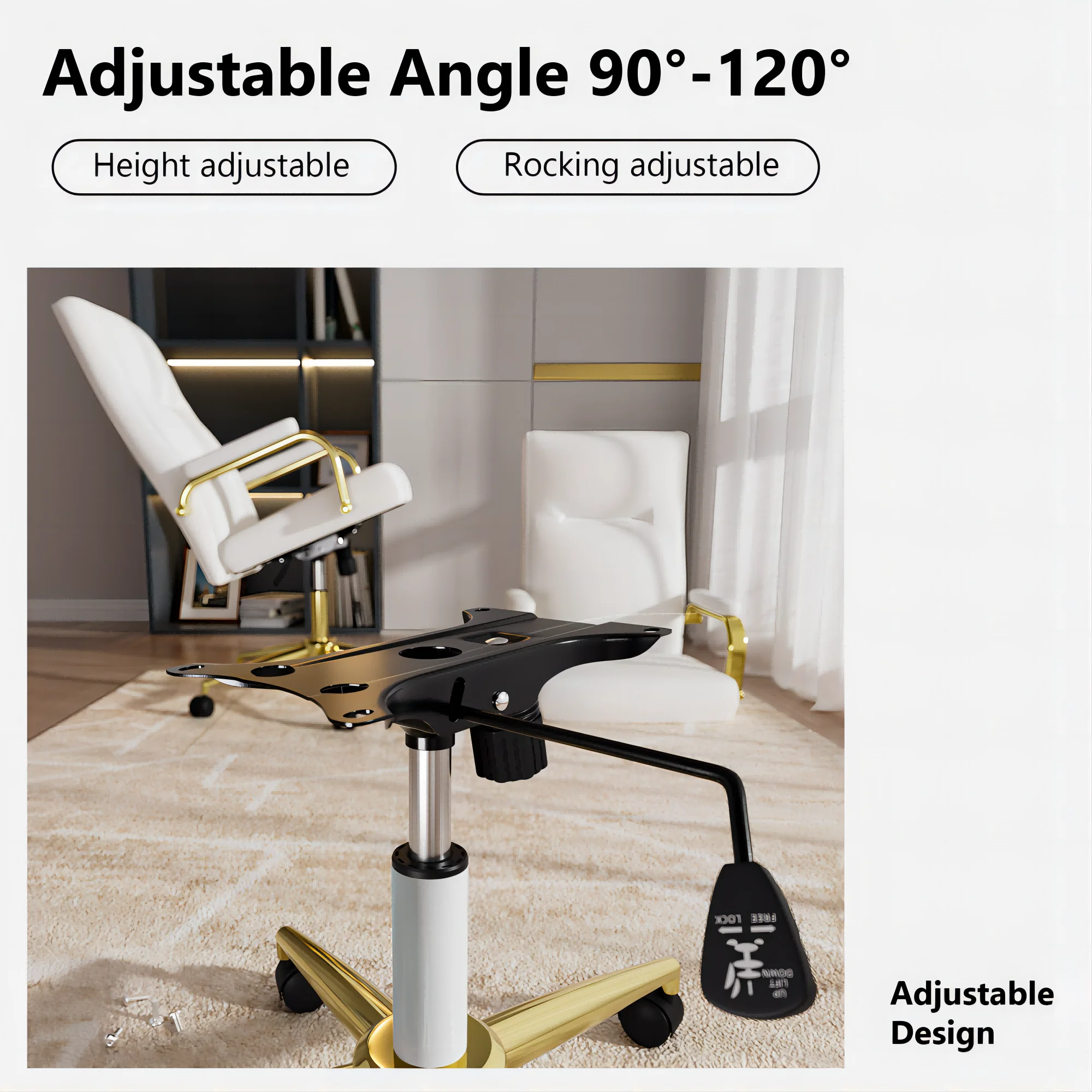 كرسي مكتب تنفيذي للنساء والكبار مصنوع من الجلد الأبيض بظهر مرتفع مع أذرع ذهبية وعجلات ودعم خلفي ممتاز