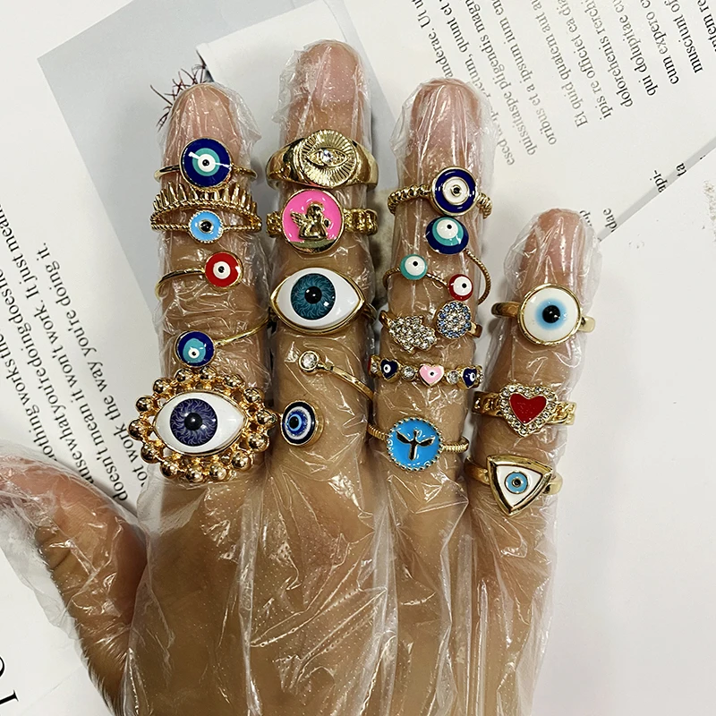 1PC Bohemian Ethnic Metal Enamel Evil Eye Ring For Women Vintage Punk Zircon Heart Blue Eye Finger Ring Turkey Jewelry Gift