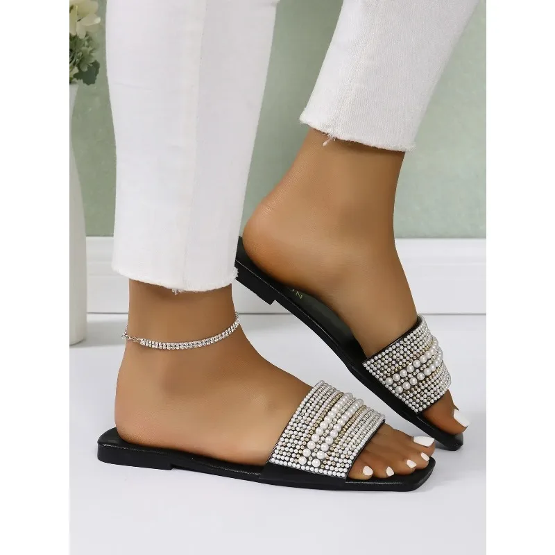 

New Style Beaded Rhinestone Shoes Womens Outdoor Fashion Slippers Women's Flat Bottom Sandals 2026 Summer