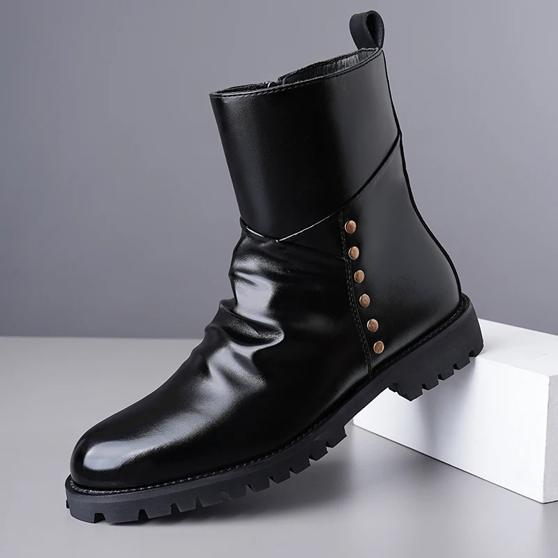 Men's Fashion Ankle Boots Side Zipper Rivet Decor Thick Sole Anti Slip Casual Motorcycle Boots For Men