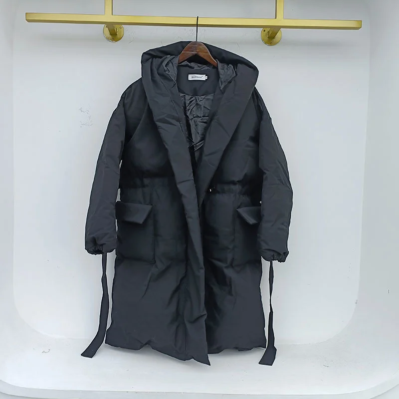 Clothing Winter Menswear Black Medium And Long Drawstring Lace Up Cotton Coat New Loose Hooded Thickened Padded Jacket