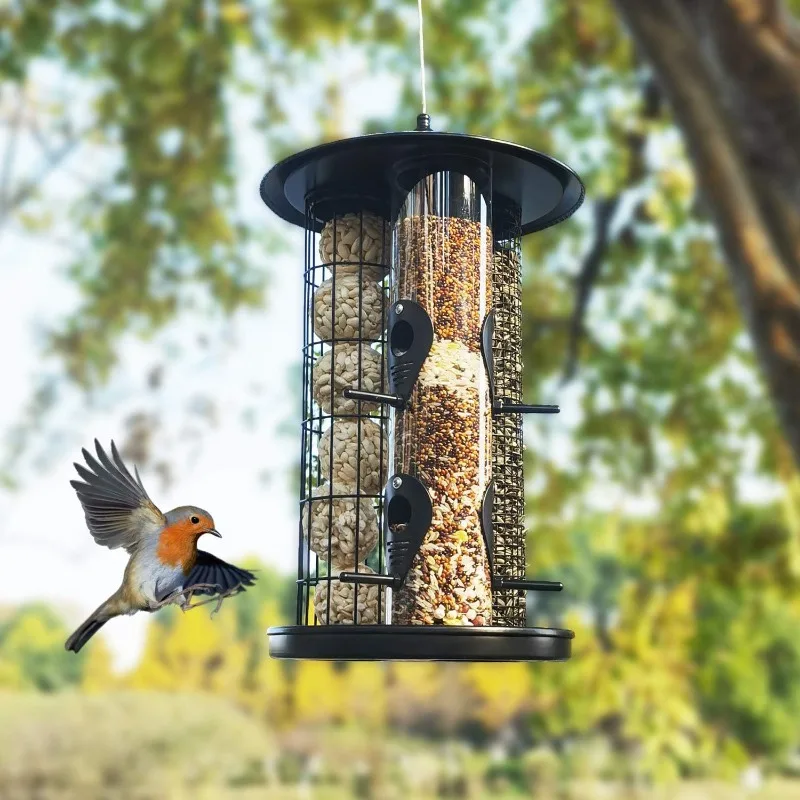 

Hanging Birdfeeder Decoration Squirrel Proof 3 in 1 Metal Bird Feeder with 4 Feeding Ports and 3 Detachable Tubes