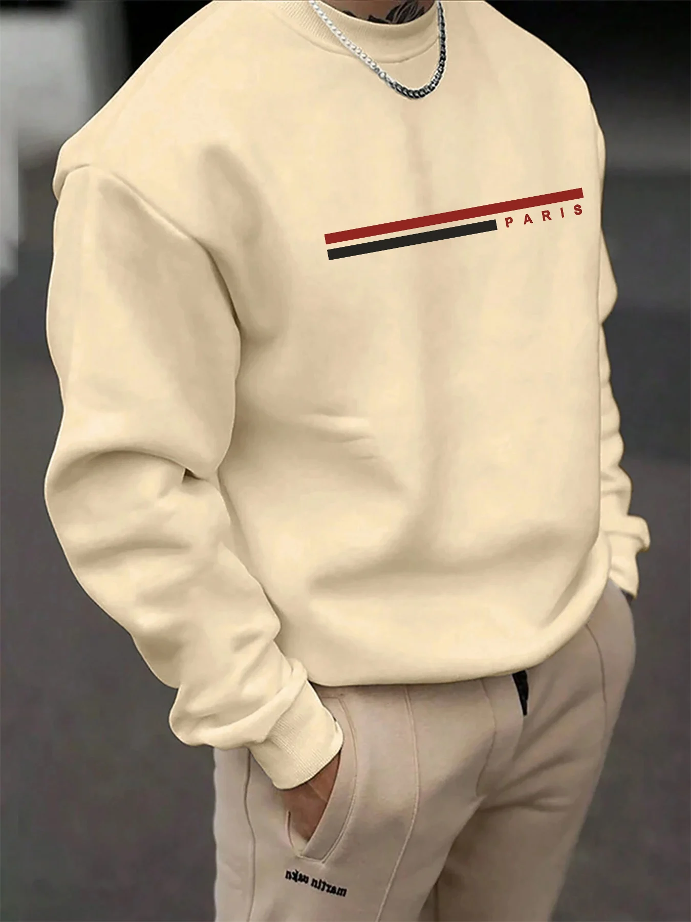 Jersey de manga larga con cuello redondo y estampado de letras de París holgado informal cálido y a la moda de terciopelo grueso de otoño e invierno para hombre