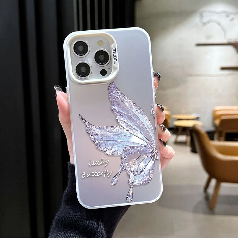 Lucky Glitter Butterfly Phone Case For Samsung Series Soft TPU Shockproof Transparent Back Cover Cute Matte Protective Case