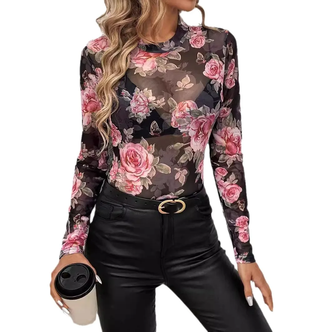 Spring 2026 New Elegant Rose Flower Print Small Stand-up Collar Mesh Slim Top Women's Clothing Cw51000