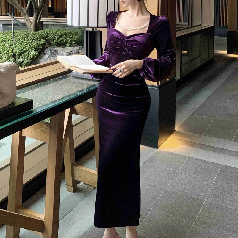 

BGTEEVER Spring Elegant Square Collar Female Bodycon Velvet Dress Long Sleeve Slim Waist Ladies Mermaid Package Hip Dress