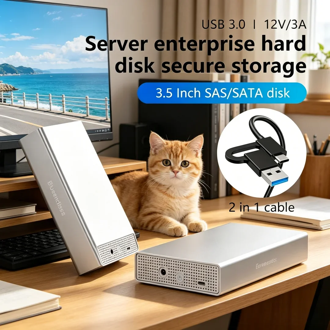 Sleek Sturdy SAS Hard Drive Enclosure USB C to 2.5/3.5 Inch SAS/SATA HDD Box Support Max 20GB Disk Speed 5Gbps Portable External