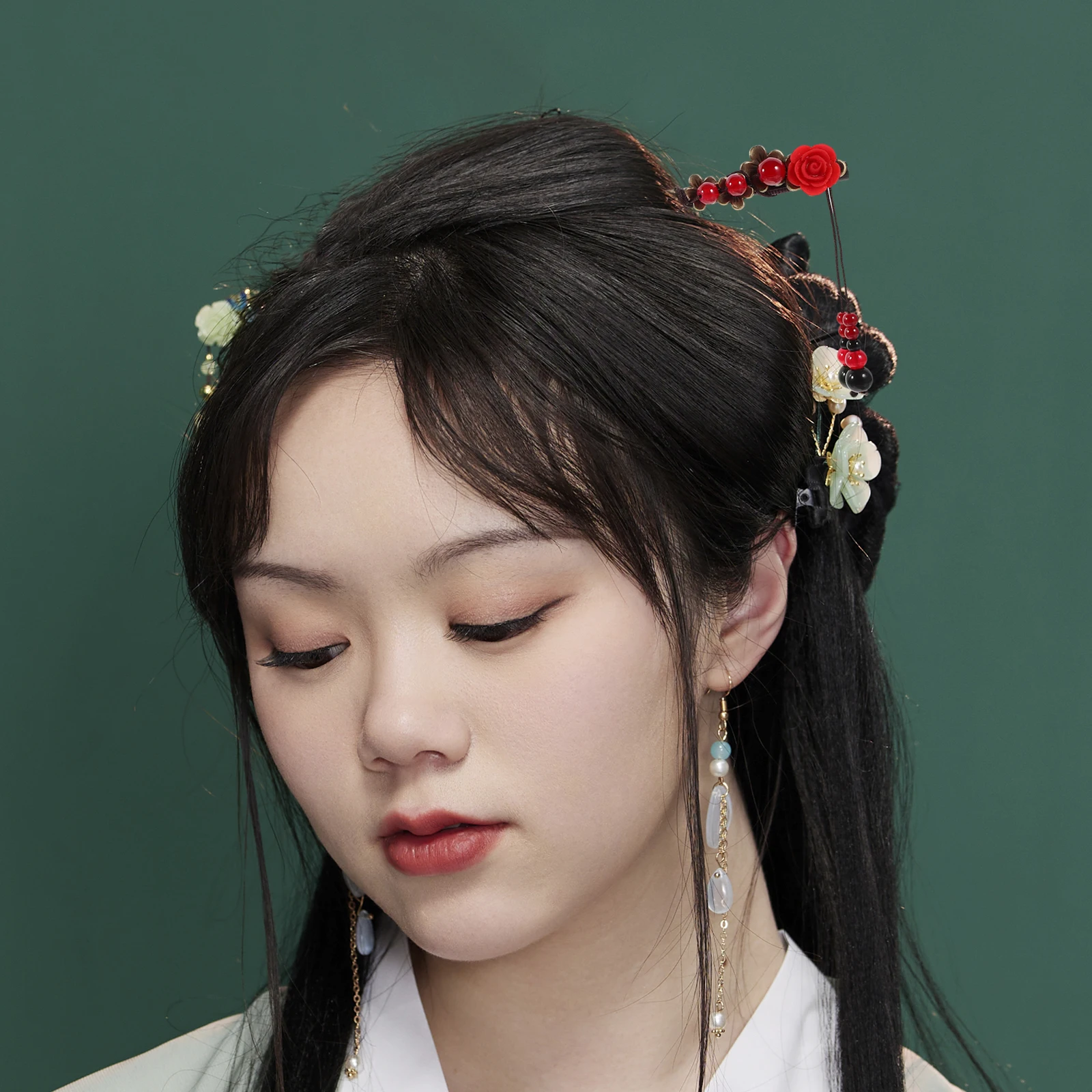 

3pcs Chinese Hairpin Sticks Wooden Accessories for Long Hair Red Rose Buns Floral Women Hair Chopsticks Traditional