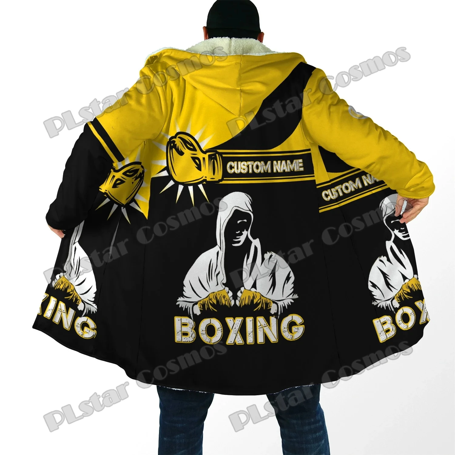 PLstar Cosmos Personalized Name Boxing 3D All Over Printed Men's Hooded Cloak Unisex Winter Fleece Warm Cloak coat PZY09