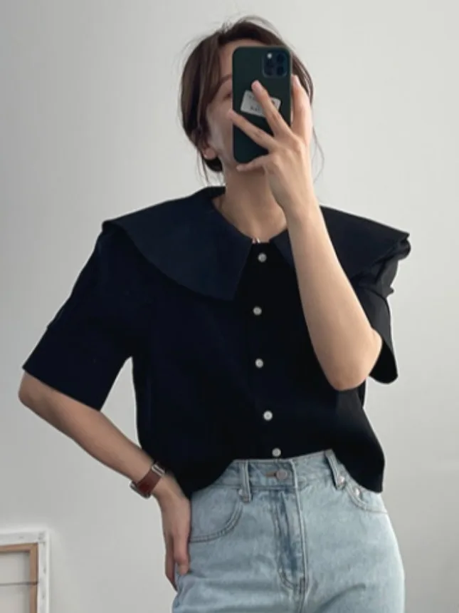 

Turn-down Collar ort Sve Loose Bubble Sve Women's irt Spring Summer New Sle Slimming Small Size Commute Pure Color