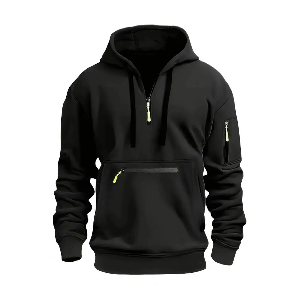 

Men Casual Hoodie Men's Fall Winter Hoodie with Zipper Decor Hooded Long Sleeves Multi Pockets Stylish Pullover Top for Comfort