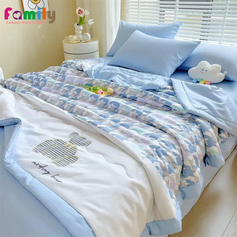 Washed Cotton Soybean Fiber Quilt Cooling Blanket Air Conditioning Comforter Duvets Thin Wadding Bedspread 3/4pcs Bedding Sets