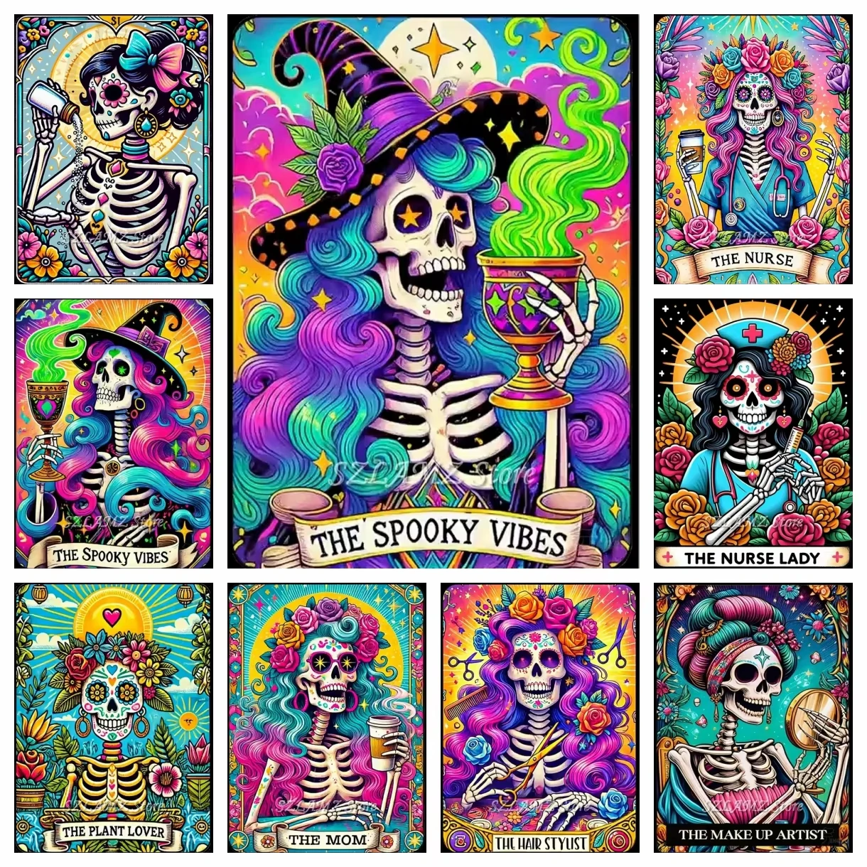 Vollständiges Diamant-Malerei-Set: Sugar Skull Krankenschwester Skelett Blumenmuster Tarotkarten-Stil Bunte Gothic-Kunst DIY Strass-Wanddekoration