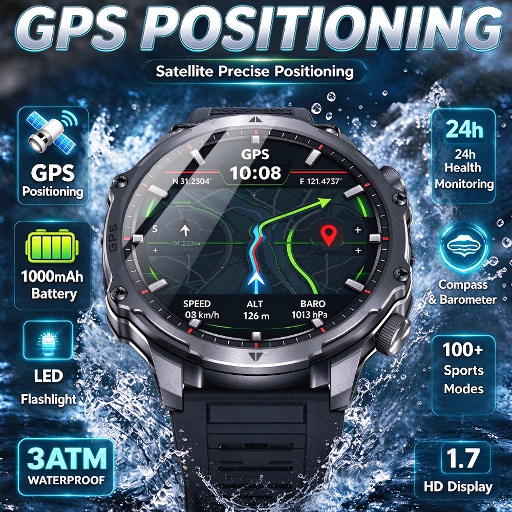 New Precision GPS Smart Watch 1000mAh Battery Built-in Compass LED Flashlight 3ATM Waterproof Altitude Pressure Smartwatch Men