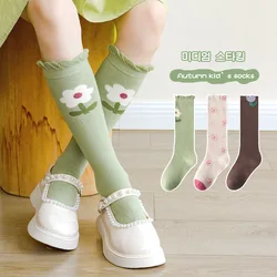 Spring Girls Socks Sweet Floral Pattern Long Socks Kids Cotton Soft Knee Socks For 1-8 Year-old Child 3 Pairs/lot