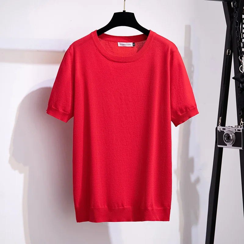 Large Size Women Clothing Solid Ice Silk Knitted T Shirt Women Cool Show Thin 150kg Short Sleeve T-shirt Women Oversized T Shirt