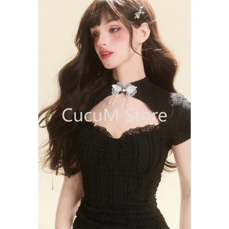 2000s Vintage Black Y2k Mini Dress Spicy Girls Sexy Slim Bodycon Dress Sweet Kawaii Fashion Short Party Dress Woman Harajuku