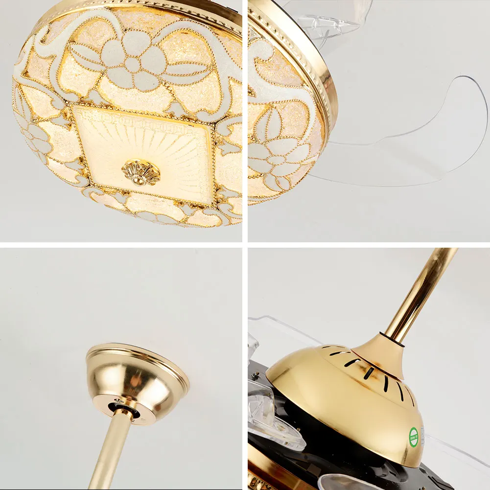 OUKANING 42" Gold LED Crystal Ceiling Fan Light 4 Retractable Blades 3 Speed Setting Chandelier with Remote Control for Indoor