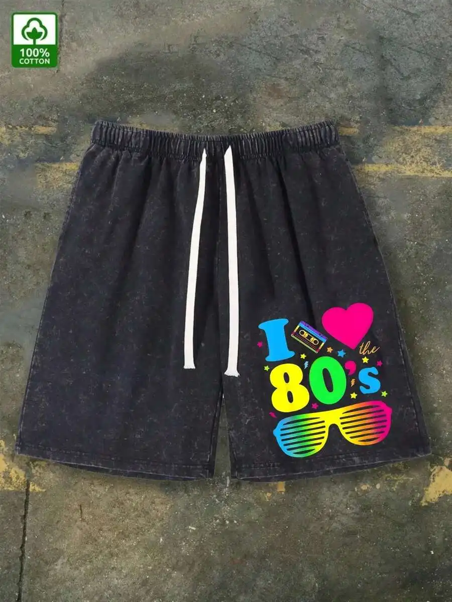 

Mens 290G 100% Cotton Washed Denim Shorts With Elastic Waist And Drawstring, Vintage Casual Style